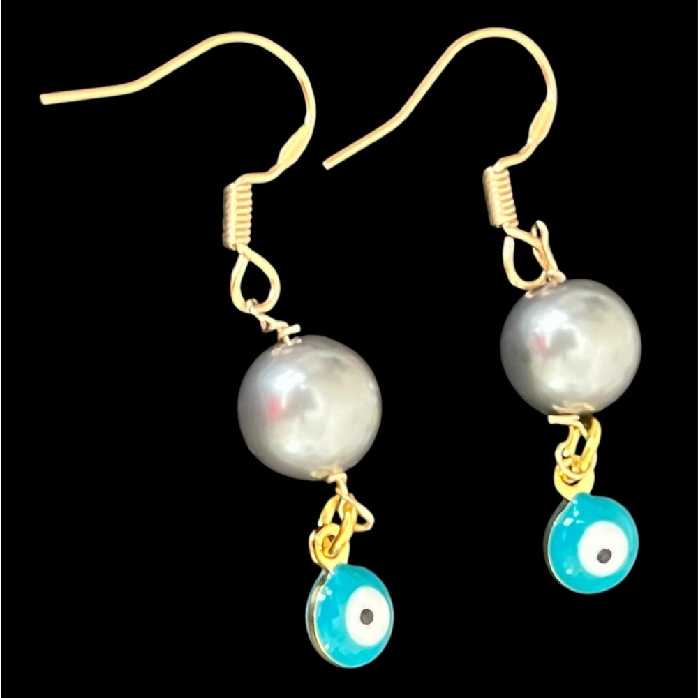 Gold plated and Black faux pearl Earrings with Turquoise evil eyes Accent